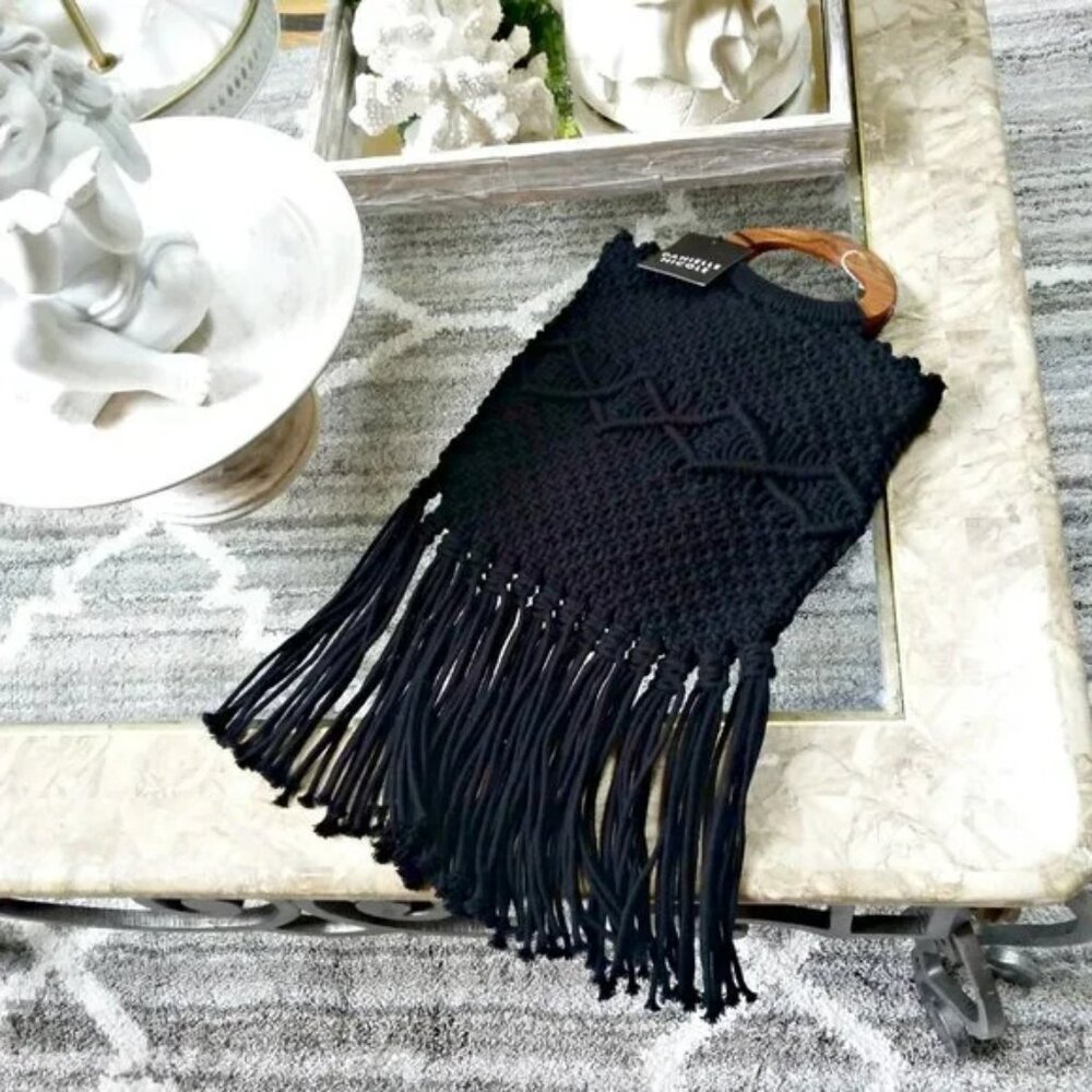 NEW! DANIELLE NICOLE BLACK BOHO FRINGE MACRAME CROSSBODY